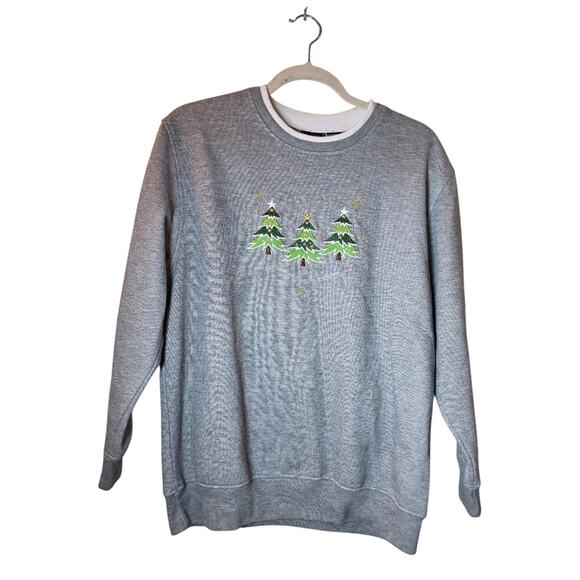 Vtg 90s Christmas Tree Embroidered Crewneck Sweatshirt Double Collar Size L - Picture 1 of 7
